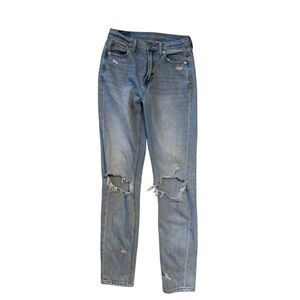 American Eagle Mom Jeans Women's Size 0 Long High Rise Blue Denim Distressed